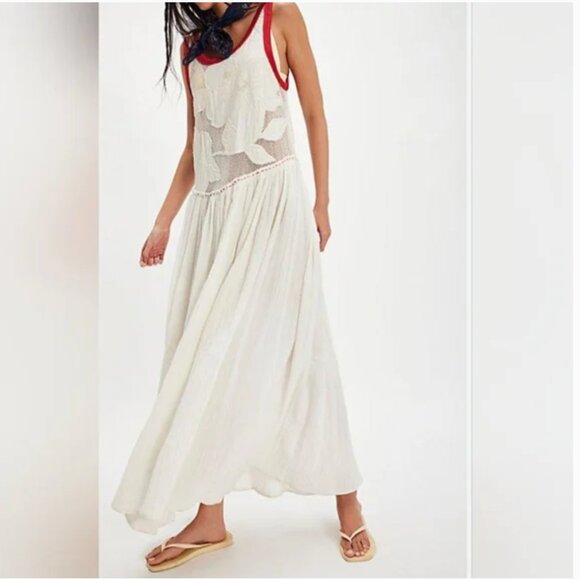 Free People Maxi Midi Dress white red size M - Picture 1 of 8